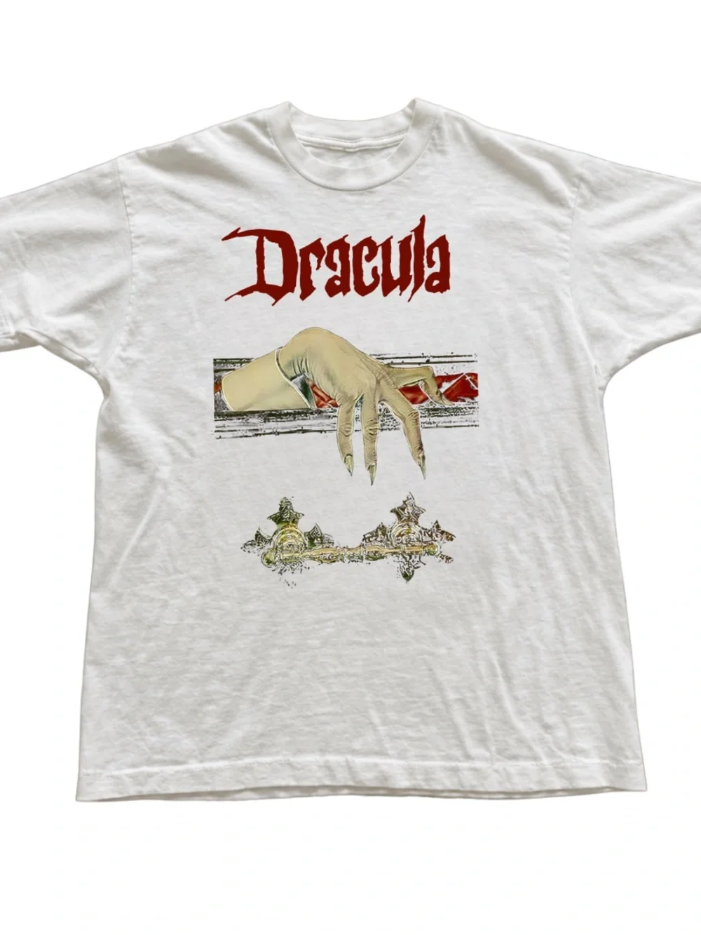White Tee with Red Dracula Logo and Illustrated Hand